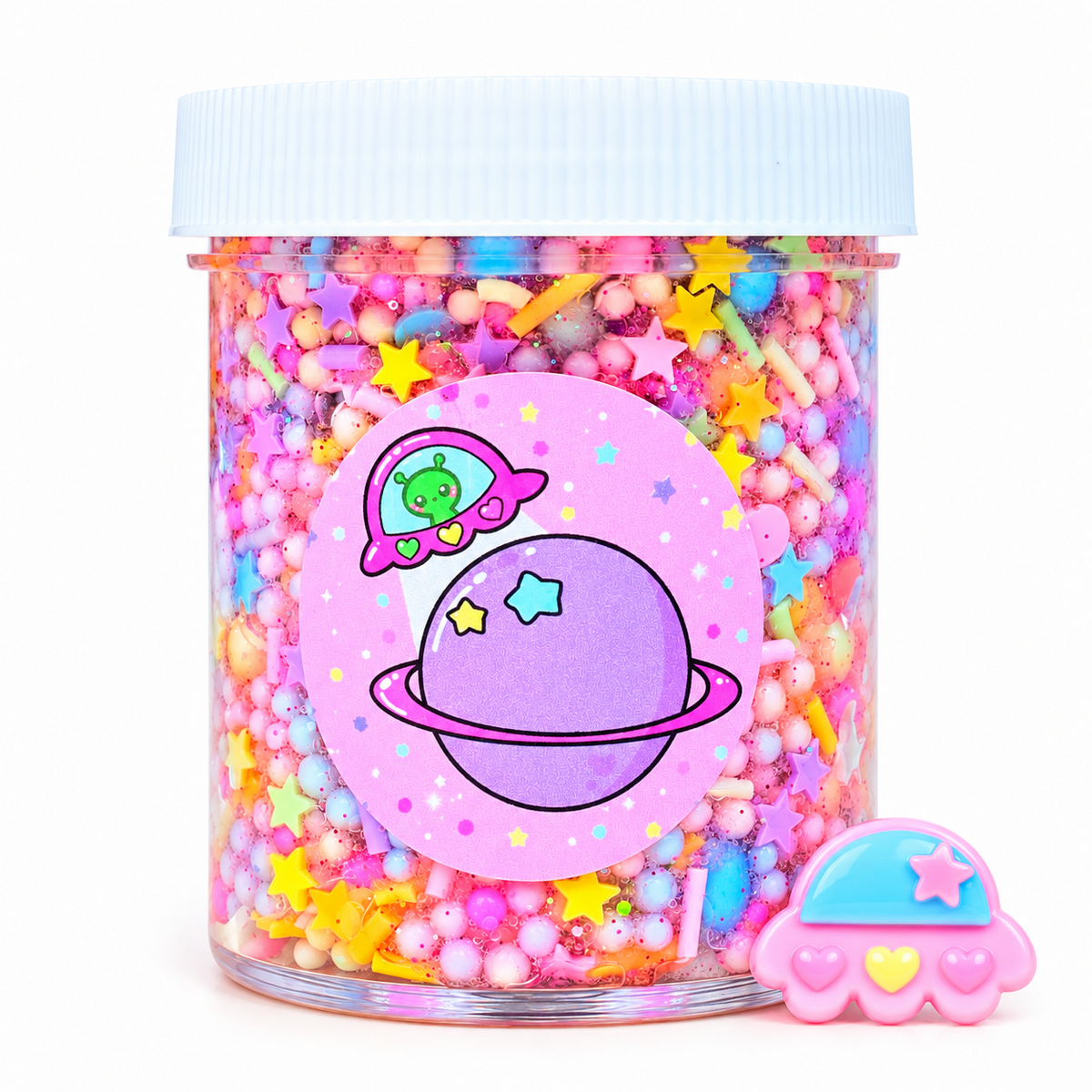 UFO Candy Crunch cotton candy scented clear base floam slime jar and kawaii UFO charm