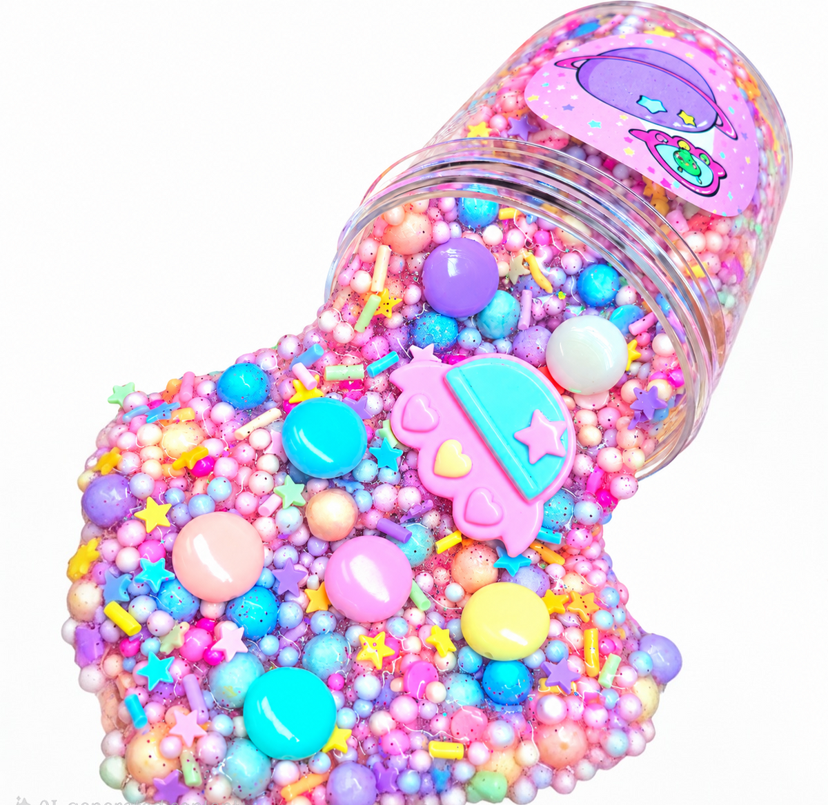UFO Candy Crunch super crunchy pastel floam slime with candy pieces and kawaii UFO charm
