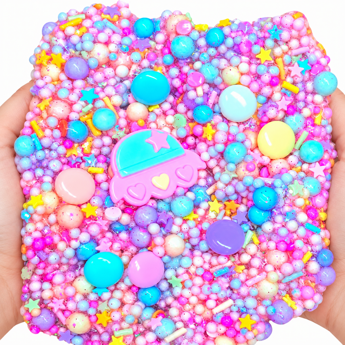 UFO Candy Crunch super crunchy pastel floam slime with candy pieces and kawaii UFO charm