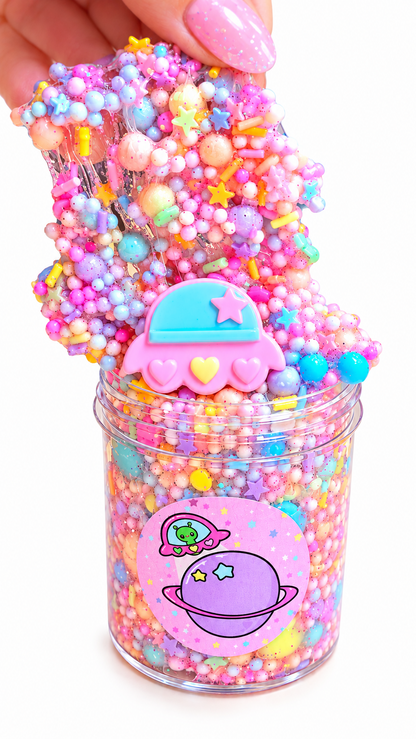 UFO Candy Crunch super crunchy pastel floam slime with candy pieces and kawaii UFO charm