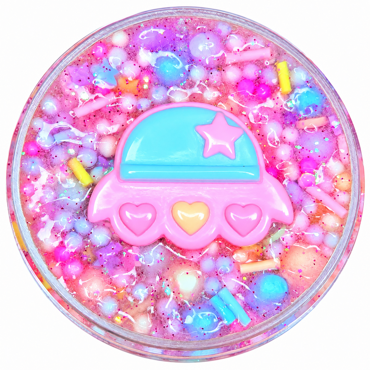 UFO Candy Crunch super crunchy pastel floam slime with candy pieces and kawaii UFO charm