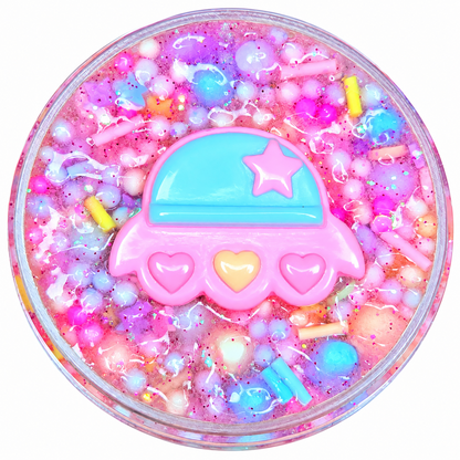 UFO Candy Crunch super crunchy pastel floam slime with candy pieces and kawaii UFO charm