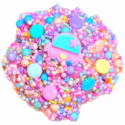UFO Candy Crunch super crunchy pastel floam slime with candy pieces and kawaii UFO charm