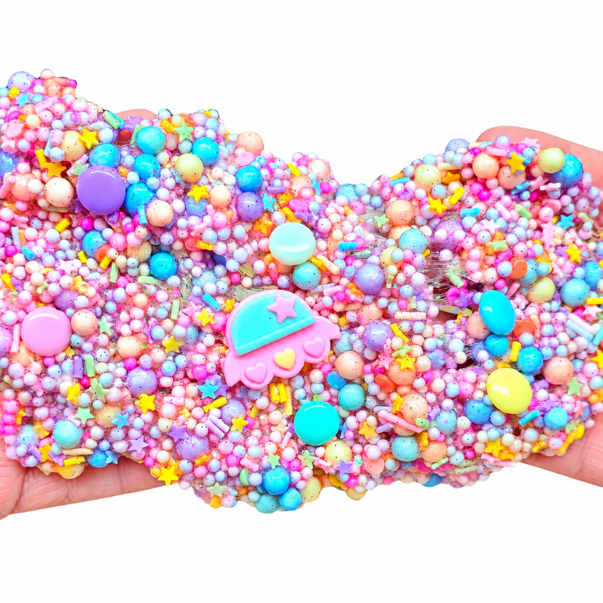 UFO Candy Crunch super crunchy pastel floam slime with candy pieces and kawaii UFO charm