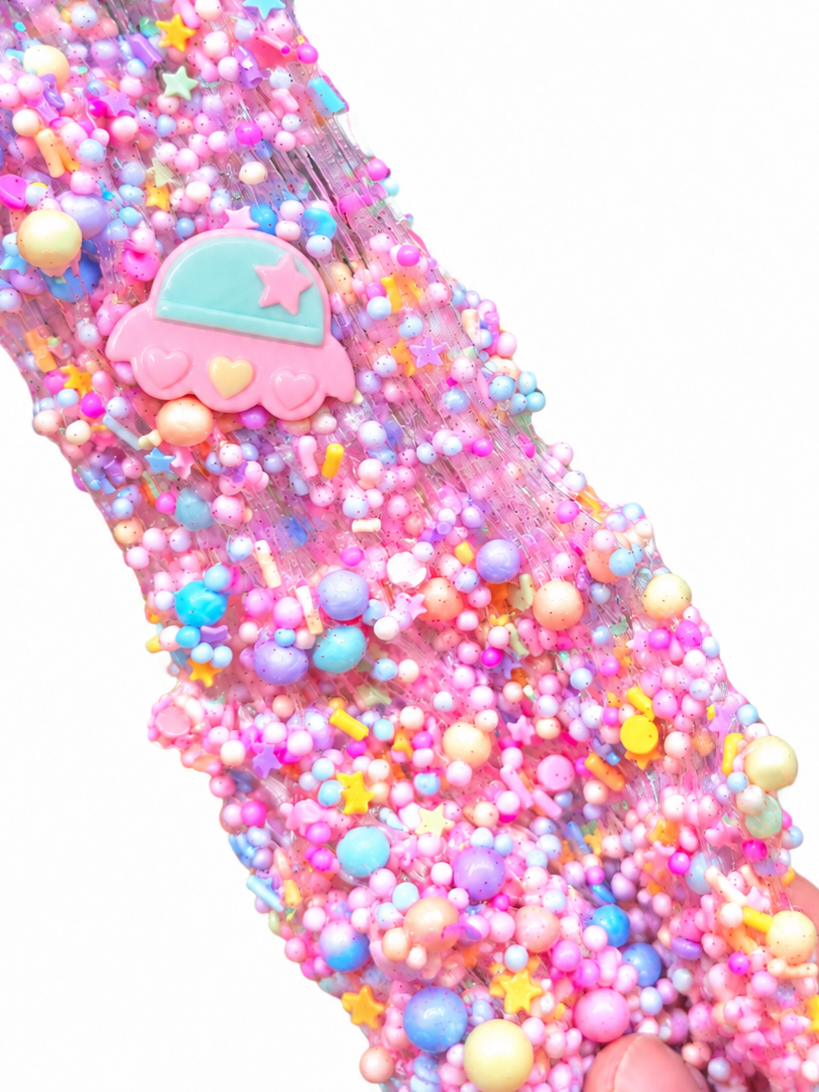 UFO Candy Crunch super crunchy pastel floam slime with candy pieces and kawaii UFO charm